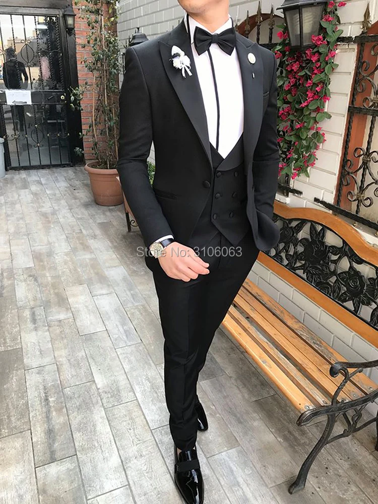 

2021 Men Suits 3 Pieces Slim Fit Casual Business Groomsmen Grey Black Lapel Tuxedos Formal Mens Wedding Suit (Blazer+Pants+Vest)