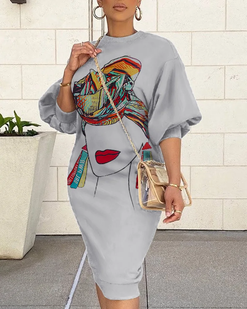 

Women's sweater dress new fashion lantern sleeve character abstract printing round neck sweater long dress 2021 spring vestido