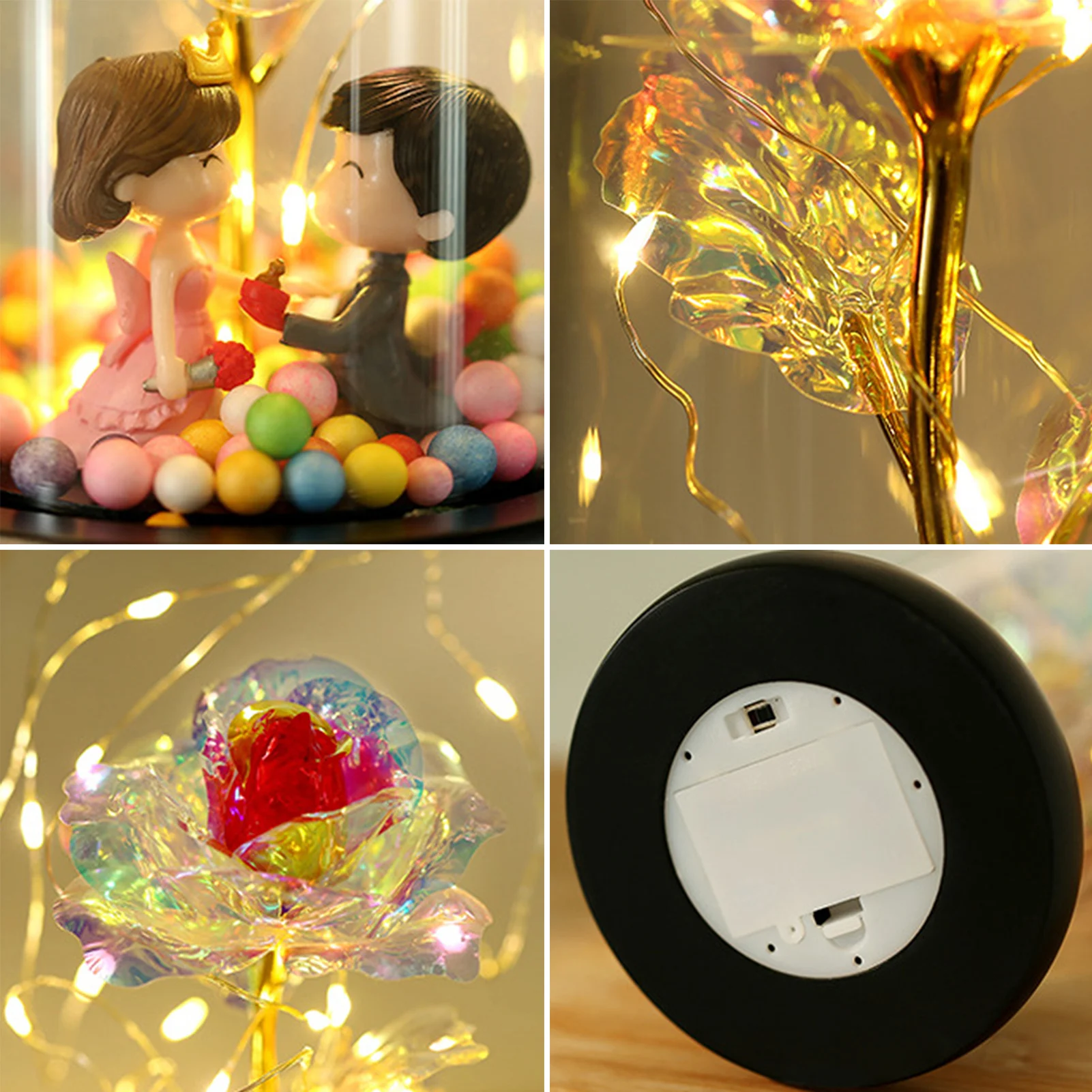 

Christmas Artificial Flower Rose Luminous Creative Decoration With LED Light String In Glass Dome Gifts Home Decoration