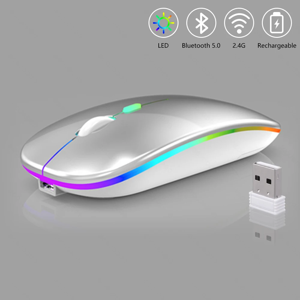 

Беспроводная мышь, Bluetooth перезаряжаемая мышь, ультратонкая Бесшумная игровая мышь со светодиодной Цветной подсветкой для iPad, компьютера, но...