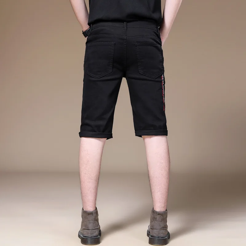 

ABOORUN Men's Embroidery Ripped Denim Shorts Black White Skinny Straight Jean Shorts Elastic Cotton Summer Trousers