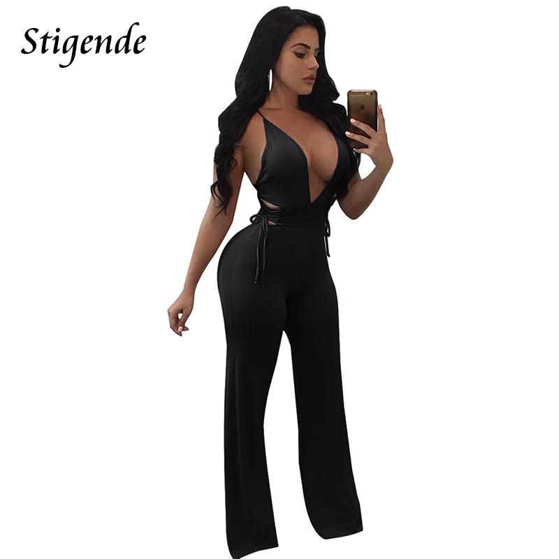 

Stigende Women Sexy Deep V Neck Spaghetti Strap Jumpsuit Summer Backless Bandage Overall Fashion Wide Leg Bodycon Lace Up Pants