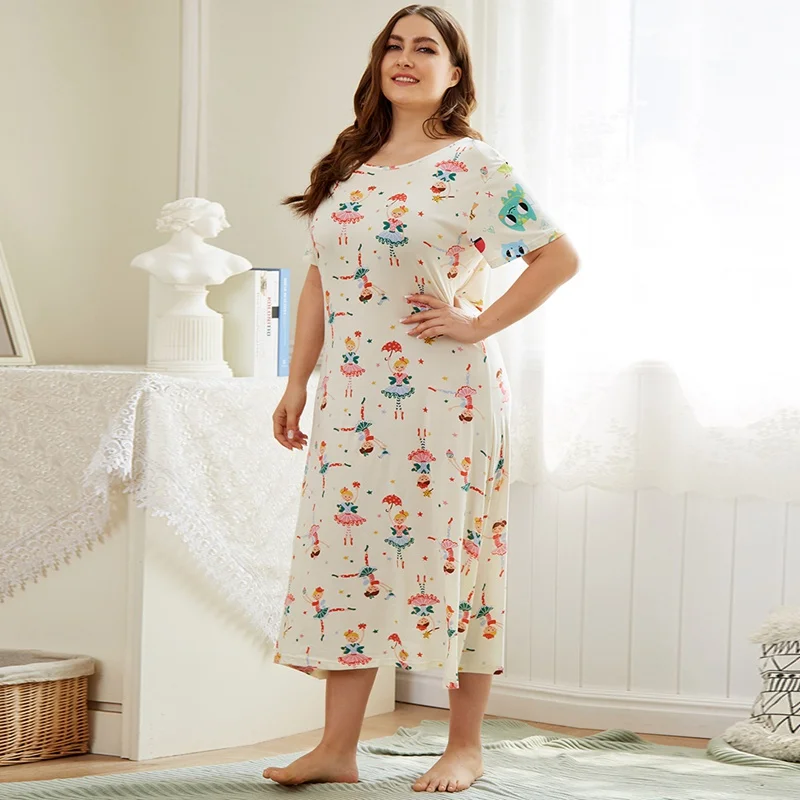

Women Cartoon Printed Nightgowns Summer Female Short-sleeved O-neck Nightdress Plus Size Nightwear