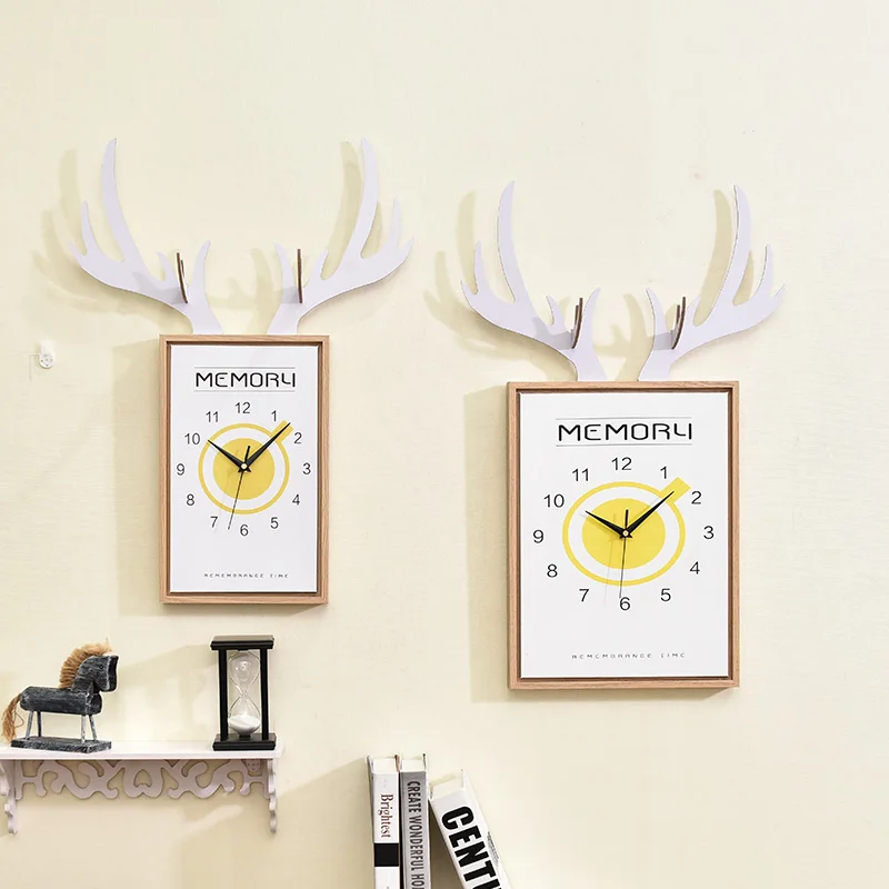 

Прямоугольные настенные часы в скандинавском стиле с украшение «оленьи рога» креативным современным искусством, рамка из массива дерева, ц...
