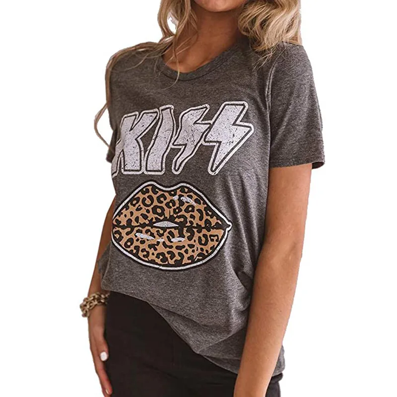 

2020 women's top kiss letter print leopard lips crew neck short sleeve T-shirt