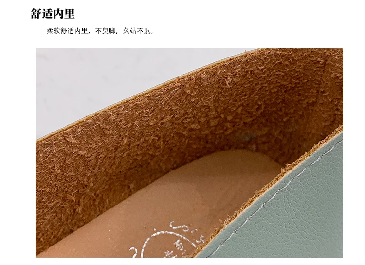

2021 spring and autumn square toe low-heeled single shoes women's shallow mouth round buckle retro soft leather flat shoes