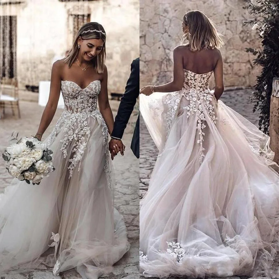 

Bohemian Bride Dresses Illusion Tulle 3D-Floral Appliques Sweetheart Open Back A-line Long Bridal Gowns rochii mireasa