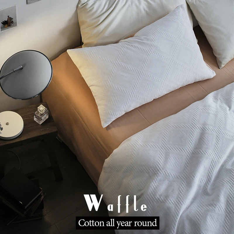 

Nordic Style Waffle Washed Cotton Four-piece Cotton 100 Super Soft Nude Sleeping Bed Linen Quilt Cover Bed Linen Bedroom Bedding