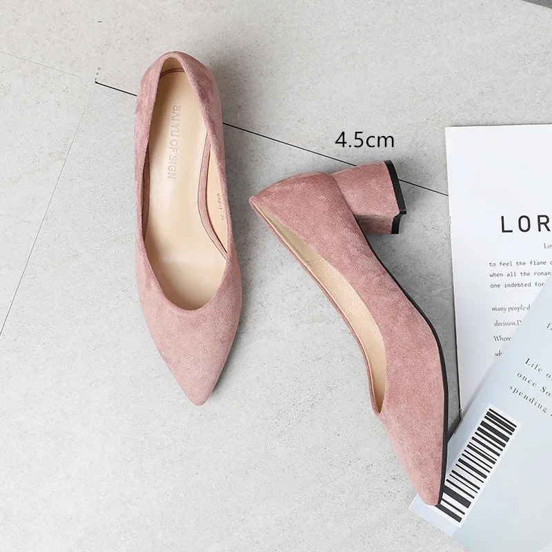 pink4.5cm Женская обувь без шнуровки; сезон лето; квадратный высокий каблук; коллекция года; офисные женские туфли-лодочки из флока с острым носком на каблуке; женские босоножки; свадебные туфли - Цвет: pink4.5cm