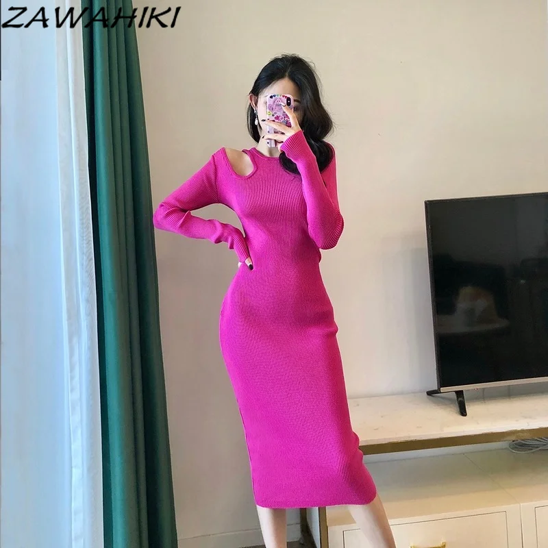 

ZAWAHIKI Knitted Dresses Long Sleeve O Neck Hollow Out High Waist Vestidos De Mujer Sweet Solid 2022 Spring Autumn Femme Robe