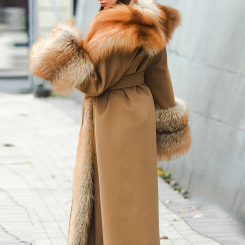 Sungtin Winter Warm Long Faux Fox Fur Coat Women with Belt Collar Lapel Casual Thick Jacket Female 5XL Fashion Clothing Chic | Женская