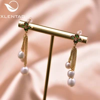 xlentag natural pearl dangle earrings chain tassel green zircon women wedding gifts women luxury earings fashion jewerly ge0932