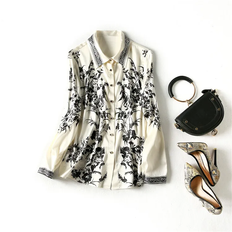 

Женская одежда в европейском и американском стиле, новинка весны 2021, Модная шелковая рубашка с длинным рукавом, отложным воротником и черни...