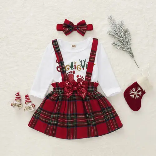 

0-18M Newborn Baby Girl Christmas Top Long Sleeve Letter Printed Jumpsuit Plaid Bowknot Strap Dress Xmas Clothes Skirt