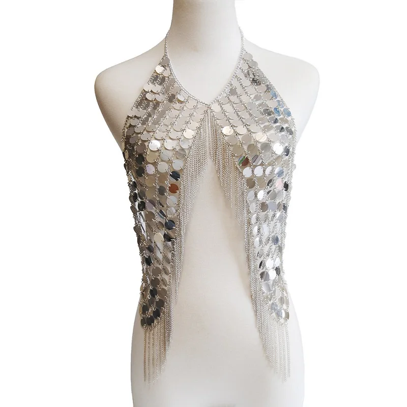 

Sexy Punk Body Chest Chain Women's Harness Strap Tassel Chain Sequined Shiny Nightclub Tank Tops Summer Beach Bikini Tops