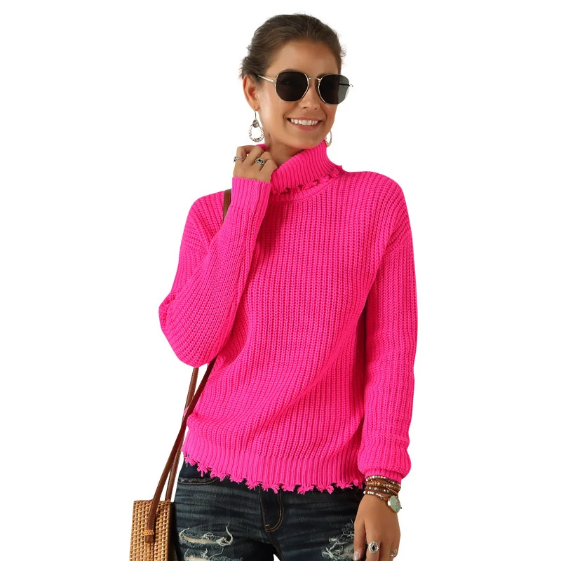 

Ladies Turtleneck Bottom Sweaters 2021 Autumn Winter Fluorescent Color Hole Distressed Long Sleeve Turn-Down Collar Knit Jumper