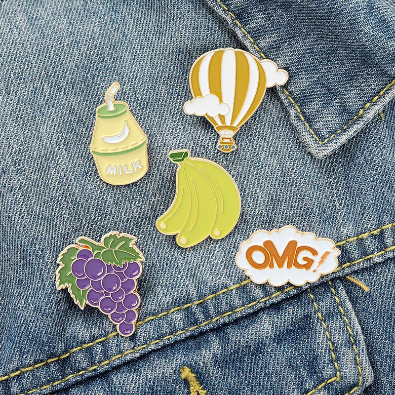 

5 Styles Cartoon Enamel Pins Fruit Lapel Pin Food Brooches Grape Banana Milk Hot Air Balloon Letters Badges Backpack Accessories