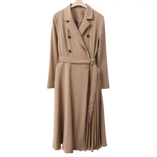

2020 Autumn Vintage Korean Long Pleated Dress Women Long Sleeve Notched Collar A-line Dresses Fashion Workwear Elegant Vestidos