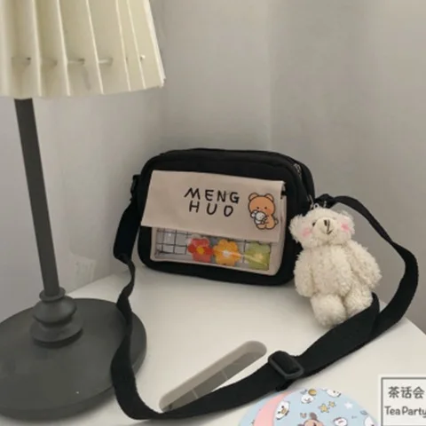 

[4 Free Badges] New Cute Japanese Canvas Messenger Bag Korean Ins Girl Student Shoulder Bag Black