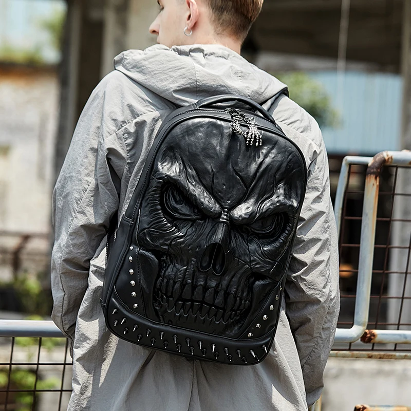 3D Embossed Skull Backpack bags for Men unique Originality man Bag rivet personality Cool Rock Laptop Schoolbag For Teenagers