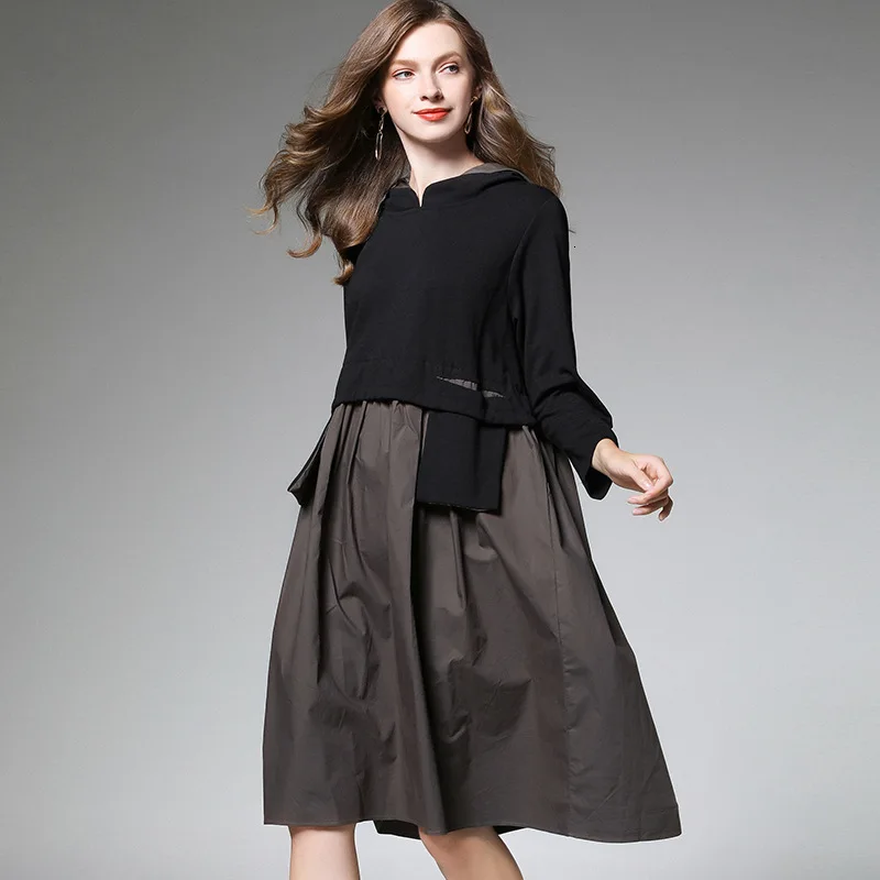 Женское Хлопковое платье LANMREM черное свободное пуловер с капюшоном и карманами