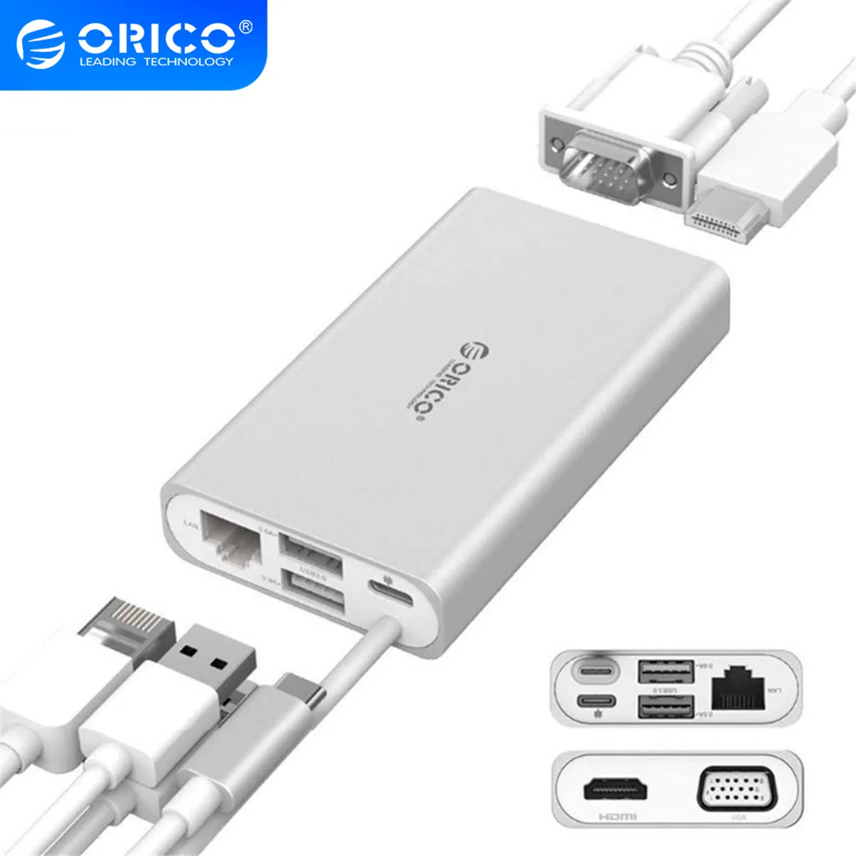 Алюминиевая док станция ORICO 5 в 1 концентратор питания Type C для VGA/HDMI 4K HD/RJ45 сетевой
