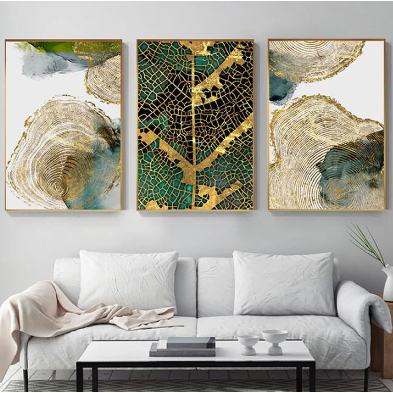 Абстрактная картина с изображением золотых листьев и венозных картин большой