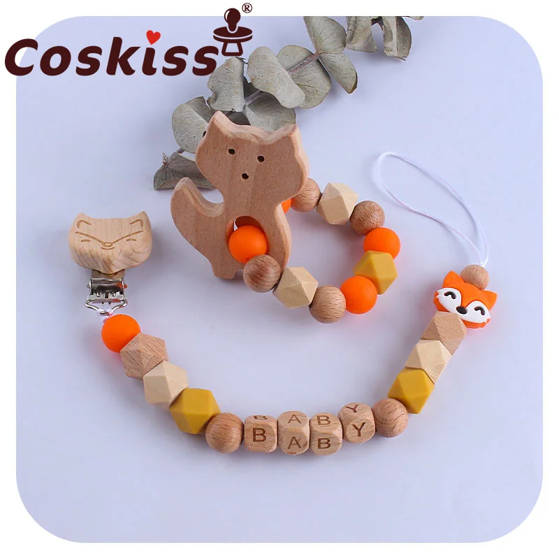 

Coskiss Food Grade Fox Beech Wooden Silicone Teether Baby Rodent Bracelet Teething Chain Nursing Infant Pacifier Clips Set