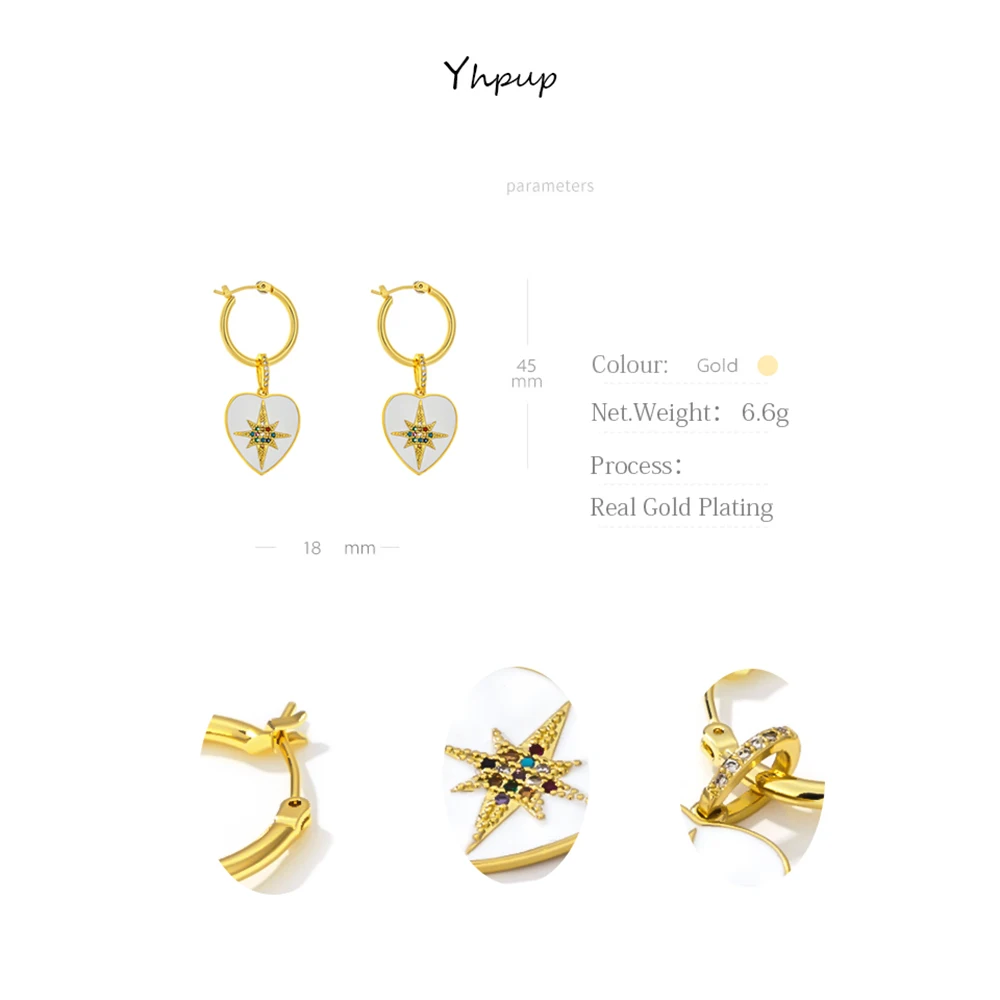 Yhpup Vintage Ethnic North Star Dangle Earrings White Enamel Brincos CZ Geometric Heart Jewelry for Girl Women Office Party Gift | Украшения
