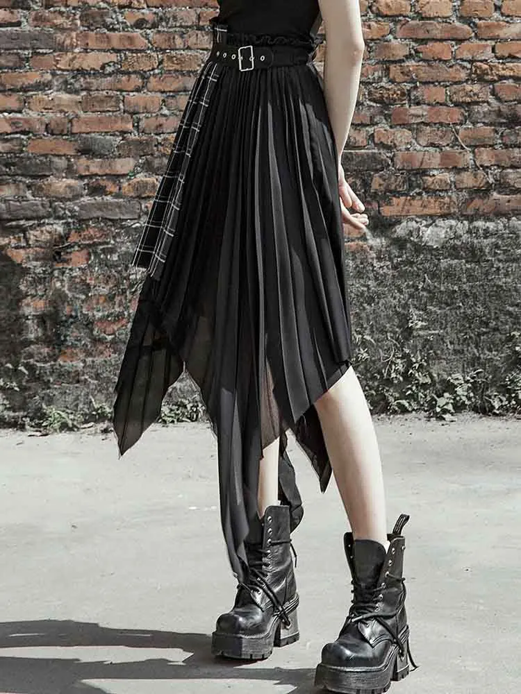 Женская Асимметричная юбка в клетку черная шифоновая с завышенной талией стиле
