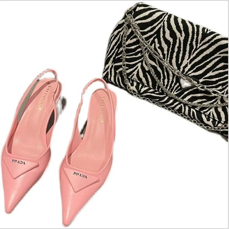 

Runway Kitten Heels Pumps Women Pointed Toe Real Leather Triangle Decor Slingbacks Sandals 2021 Spring Candy Color Party Shoes