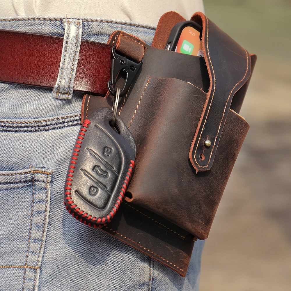 

Leather Phone Holster For Men Belt Loop Multitool Sheath with Key Holder Tactica Waist Bag with Phone Holsters for Cigarette