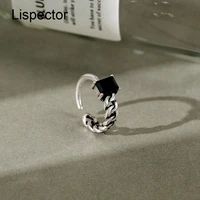 lispector 925 sterling silver retro square black agate rings for women vintage asymmetry chain ring party unisex jewelry gifts