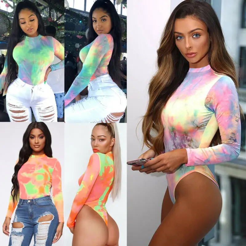 

Sexy Women Romper Jumpsuit Leotard Long Sleeve Top Turtleneck Skinny Tie-dyed Stretch Lady Body suit