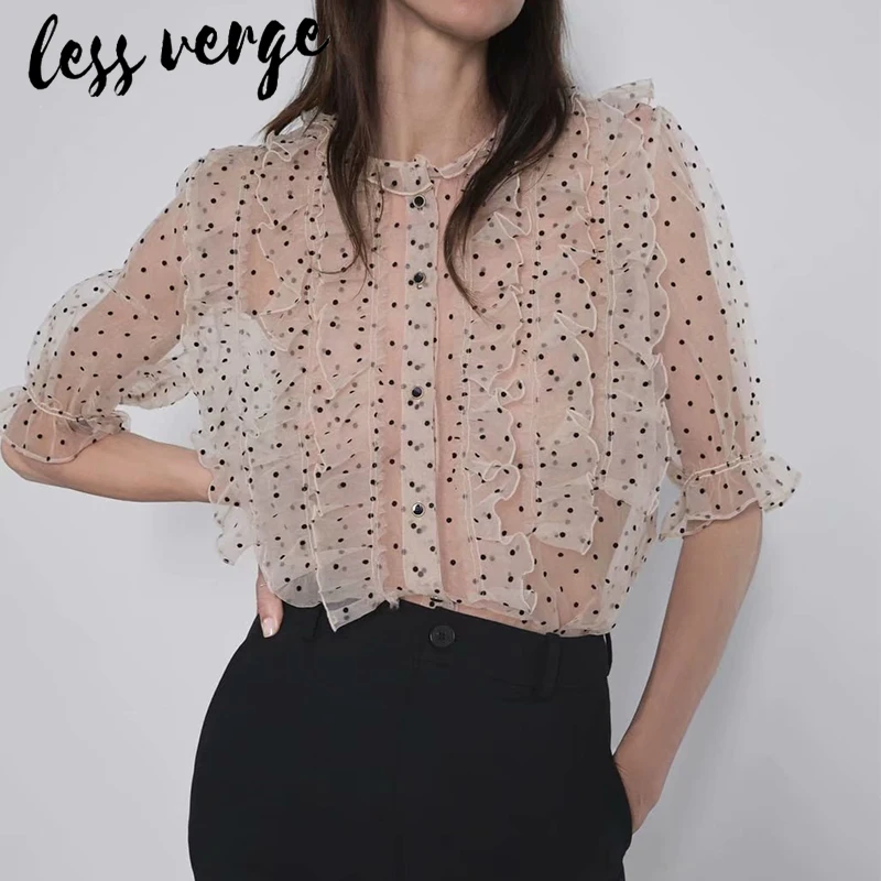 Lessverge в горошек оборками Винтаж Блузка рубашка с круглым вырезом Кнопка шифон
