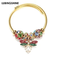 luxury crystal stainless steel bracelets bangles cute fashion bee dragonfly charms bracelets wire cable gold color open bangle