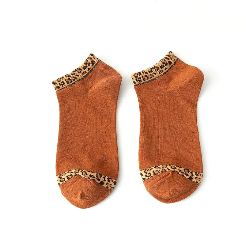 5 Pairs Solid Leopard Cotton Crew Sock Girls Short Spring Embroidery Summer Socks Woman Cotton Leopard Embroidered Ankle Socks