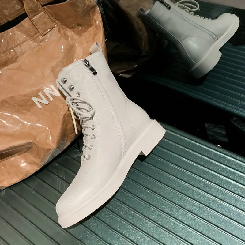 

Vintage Genuine Leather Shoes Woman 2020 Autumn Winter lace up low heels Women Boots Platform Party Working Ankle Boots