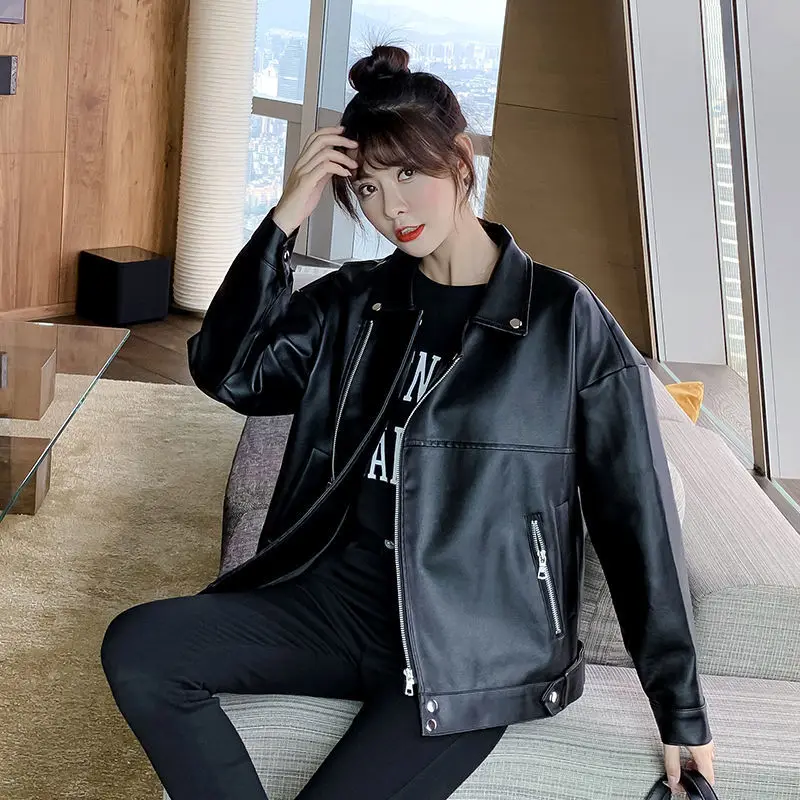 

2021 New Fashion Leather Jacket Women Spring And Autumn Jacket Women's Clothing Loose Wild Women's Motorcycle Leather Coat