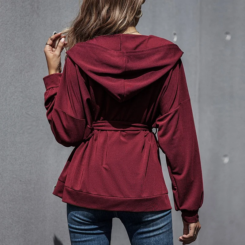 

Belted High Waist Zipper Jacket Coat Women Autumn Hooded Long Sleeve Casual Ladies Coat
