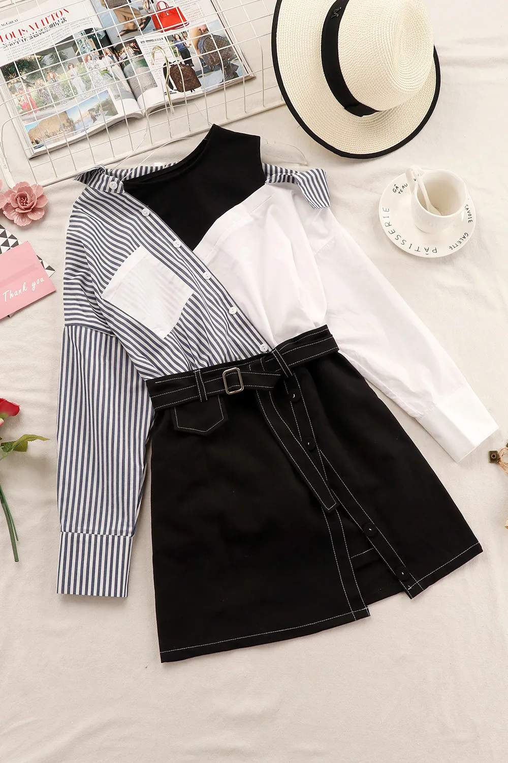 

Mini Skirt Clothing Set Festival Patchwork Full Sleeve Pockets Two-Piece Slanted Buttons
