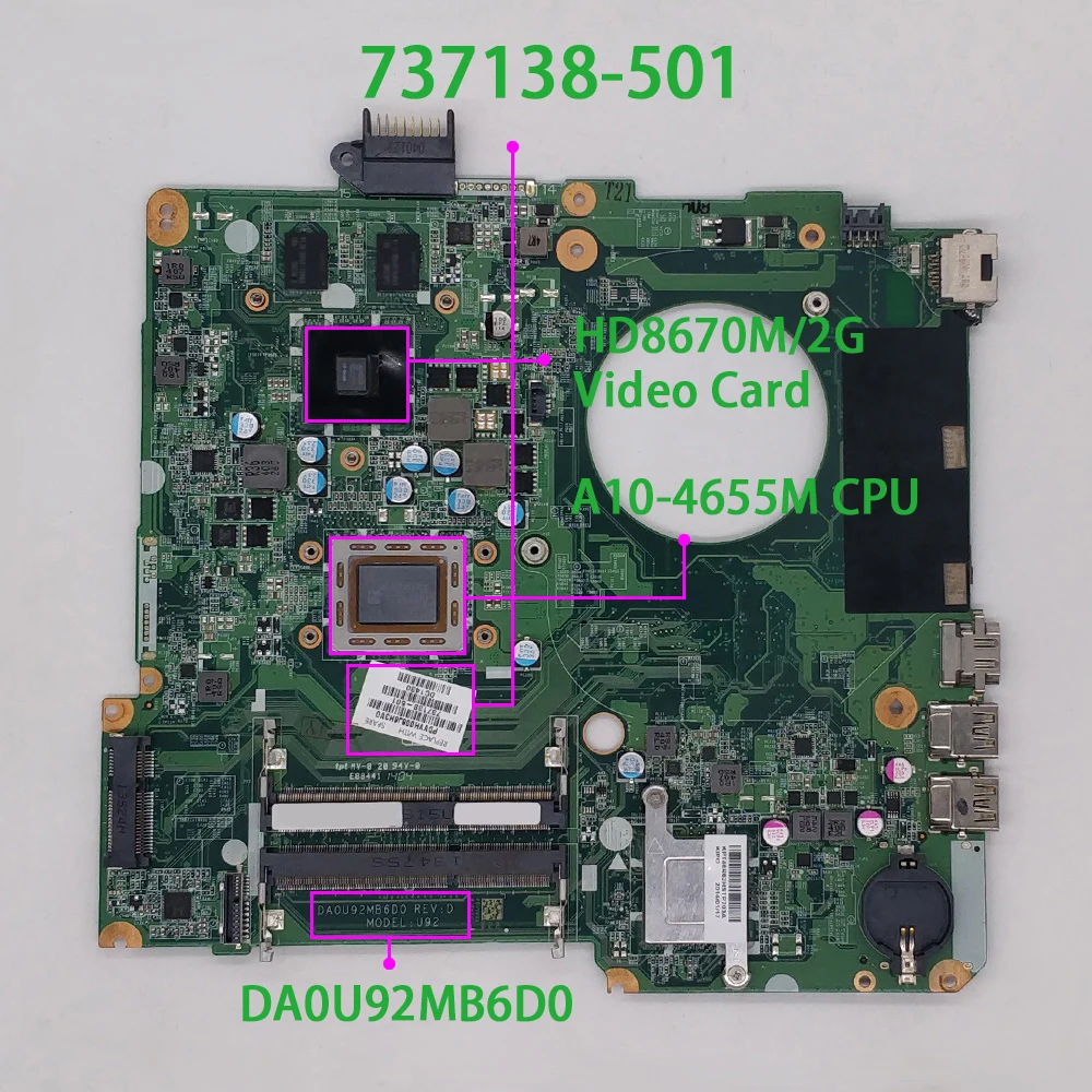 737138 501 001 601 DA0U92MB6D0 w HD8670M/2G A10 4655M для HP Pavilion 15 n Series 15Z N100 материнская плата