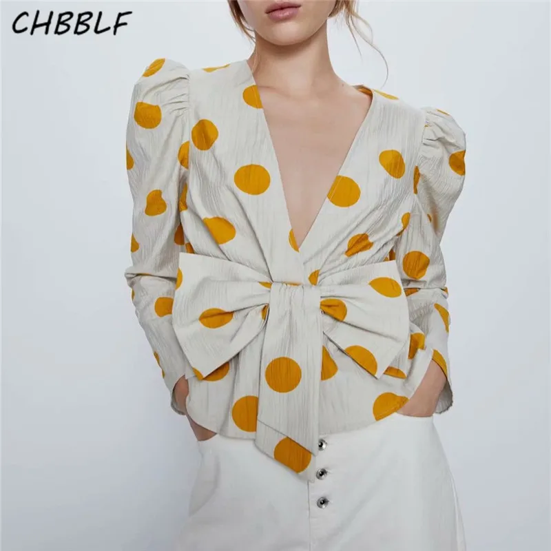 

CHBBLF women basic V collar bouses puff sleeve Bowknot Polka Dot Shirt female casual style chic tops blusas XDN9448