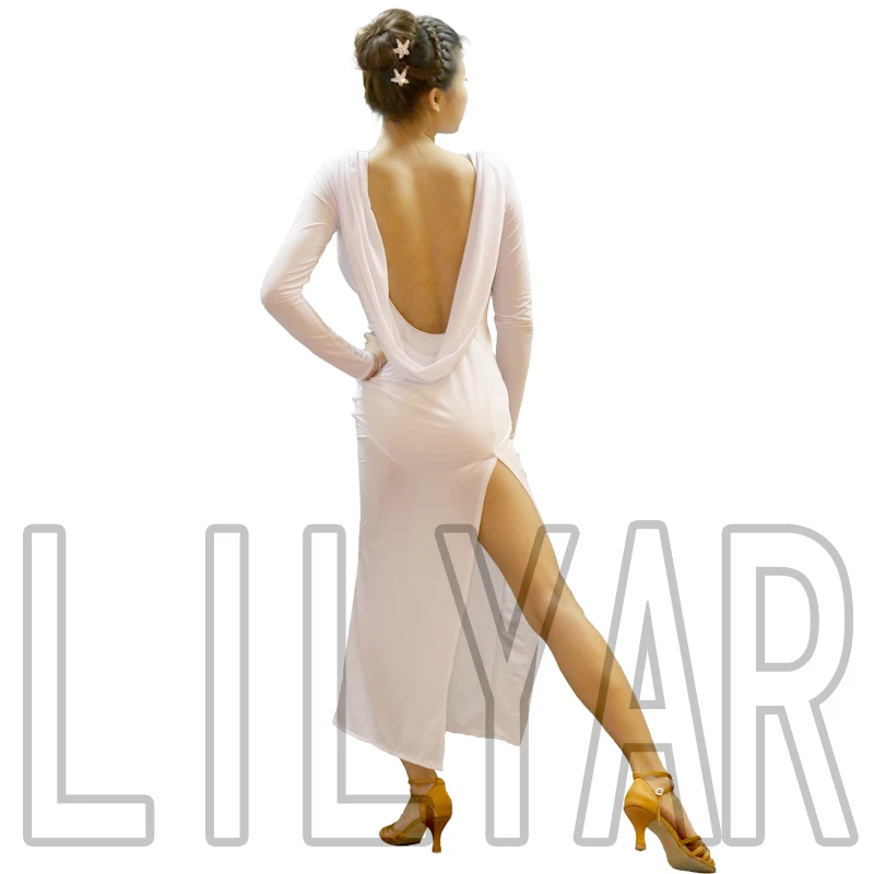 Женское платье для латиноамериканских танцев белое длинное с разрезом и