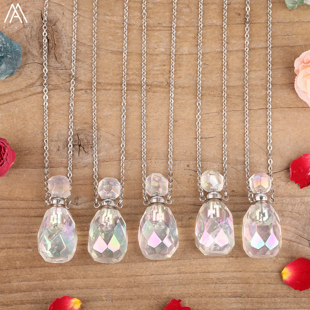 

Natural Aura White Quartz Stone Faceted Perfume Bottle Pendant Necklace For Women Crystal Essential Oil Vial Healing Necklace