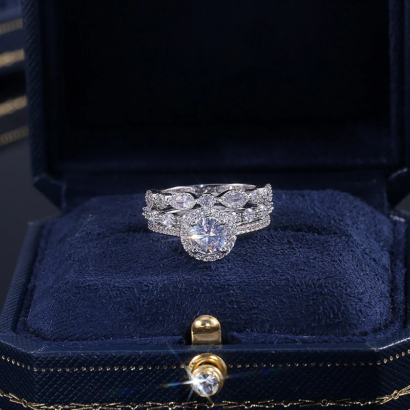 YOBEST 3 Pieces Ring / Inlay Silver Plated White Crystal Zircon Wedding Engagement Ring Size 6-9