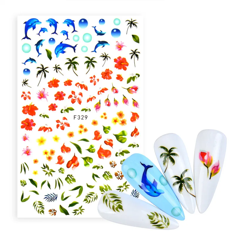 

2022 Newest Green Coconut Tree 3D Nail Sticker Summer Dolphin Ocean Palm Series Transfer Sticker Nail Decal DIY Nail Decoration