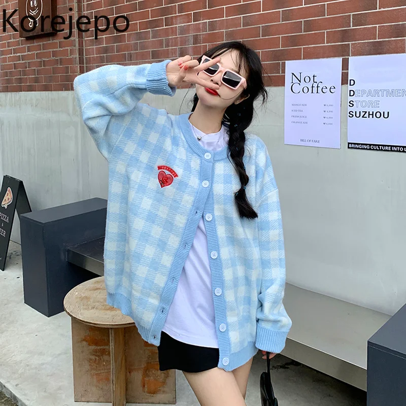 

Женский синий кардиган в клетку корейского стиля, Осень-зима 2021, новая милая Свободная верхняя одежда, вязаная куртка в японском нежном стил...