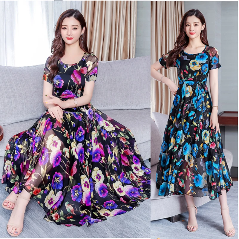 Летнее платье с принтом для женщин новое праздничное шифоновое тонкое плюс