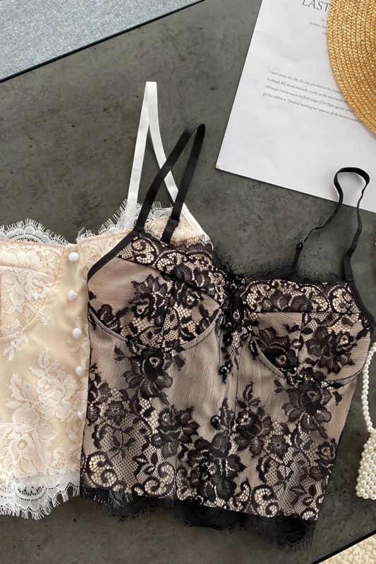 

tops women 2020 korean sexy clothes underwear halter crop top black lace backless streetwear bustier spaghetti strap tank top